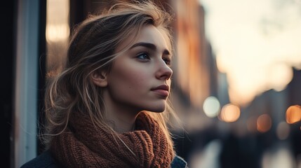 pretty Caucasian woman portrait with relax and happy optimistic  atmosphere at twilight city street 