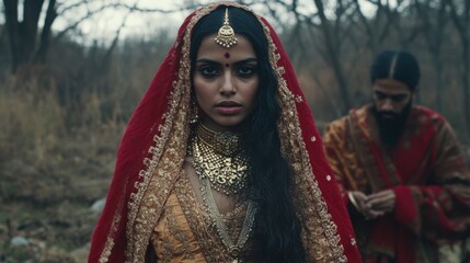 Fototapeta premium A regal woman in traditional attire stands confidently in a misty forest, with a man in the background