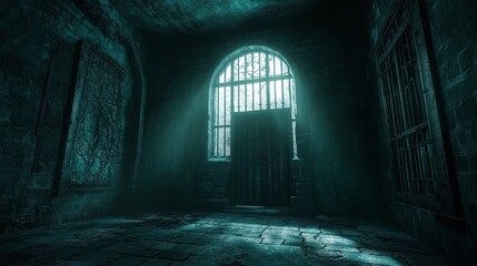 Obraz premium Mysterious prison door in dark room with teal green walls