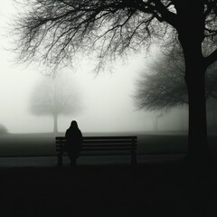 Silhouette of person on bench in misty landscape with barren trees