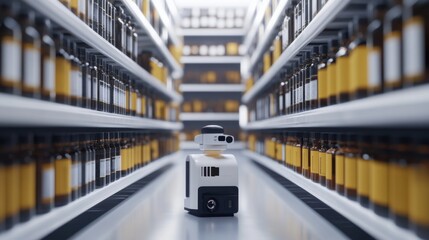 Obraz premium A robotic assistant navigating through a warehouse aisle filled with bottles, enhancing efficiency