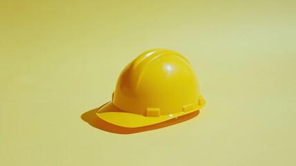 Fototapeta premium Bright yellow construction helmet resting on a smooth yellow surface in a minimalistic setting
