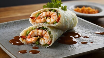 A Japanese-Mexican fusion dish of tempura shrimp burritos with soy-ginger dipping sauce. 