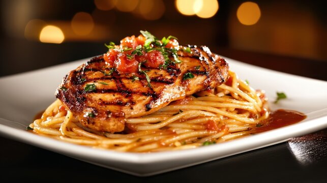 Grilled chicken on spaghetti with tomato sauce garnished with herbs