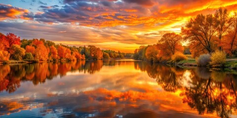 Obraz premium Vibrant orange hues of sunset reflected on calm river waters as autumn leaves begin to fall, nature