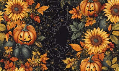 Festive Autumn Halloween Seamless Design with Glitter Pumpkins Bats Spider Webs Sunflowers Fall Leaves, Generative AI
