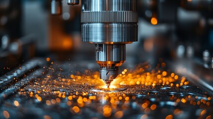 Close-up of industrial laser cutting machine in operation, sparks flying.