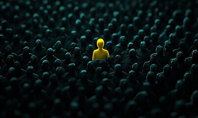 Conceptual image of a unique yellow person standing out in a sea of dark figures, representing brand differentiation and standing out from the competition, Generative AI