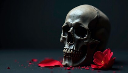 Obraz premium A dark skull with a single red rose petal at its base, darkskull, flower, rose