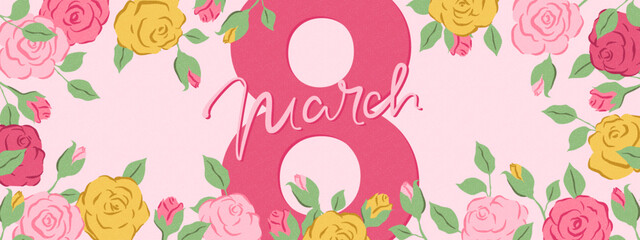 Spring flowers. 8 March, womens day, mother's day holiday greeting card. Bright colorful botanical background, pattern. 