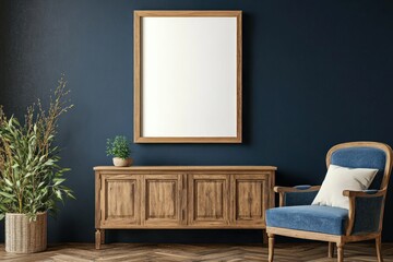 Elegant room interior with wooden sideboard, armchair, and blank poster.