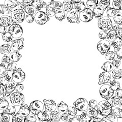 Blueberry blackberry, hand drawn in ink vector, group of scattered ripe forest berry with drops, blue and sketch. Border frame isolated illustration, for restaurant, cafe menu, wedding, farmers market