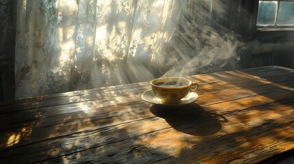 A steaming cup of coffee on a wooden table, sunlight streaming through sheer curtains, the steam swirling like a spellbinding mist