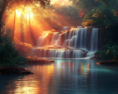 Sunlit waterfall cascading into tranquil pool in lush jungle. - Powered by Adobe