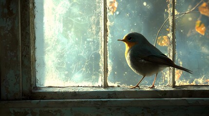 A bird perched on a windowsill, its feathers shimmering as it gazes curiously inside