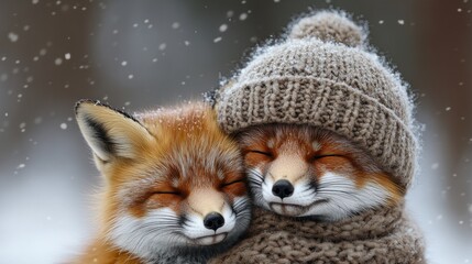 Obraz premium Cozy foxes cuddling snowy woods winter card