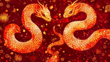 Obraz premium Centered in the design are stylized snake silhouettes in a vibrant red, accented by shimmering golden flecks. The sleek, minimalist 