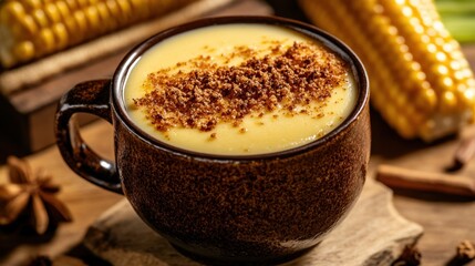 Creamy corn pudding in rustic mug with cinnamon topping
