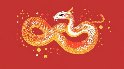 Obraz premium Centered in the design are stylized snake silhouettes in a vibrant red, accented by shimmering golden flecks. The sleek, minimalist 