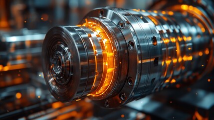 Fototapeta premium Close-up of a hot, glowing metal industrial machine part.