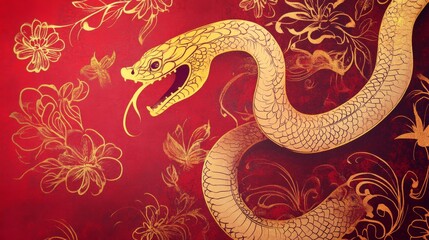 Obraz premium Chinese New Year 2025 banner, golden snake illustration, traditional red and gold tones, oriental-inspired patterns, Chinese zodiac imagery, auspicious design elements, festive celebration theming,