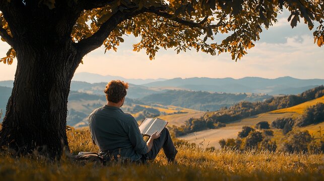 A man sitting under a tree, sketching the quiet landscape in a notebook