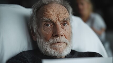 Elderly man hospital bed pensive, woman blurred background, healthcare