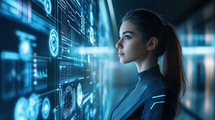 A woman in cyber suit with futuristic screen 
