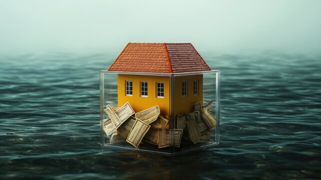 A small yellow house sits in a glass container, surrounded by water, symbolizing protection and vulnerability amidst rising tides.