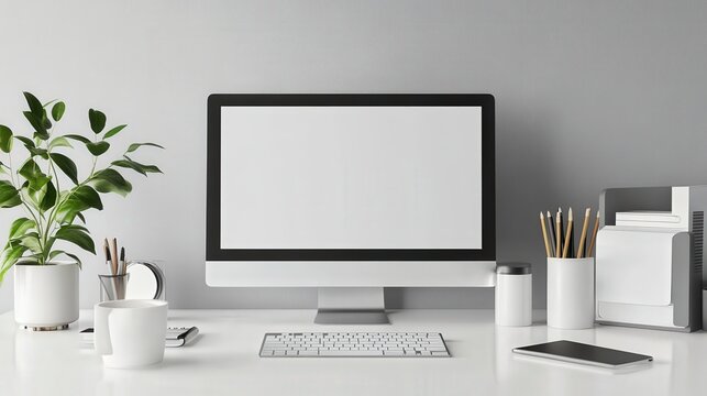 A minimalist home office with digital fitness tools in use, serene tech setup, and vibrant productivity.