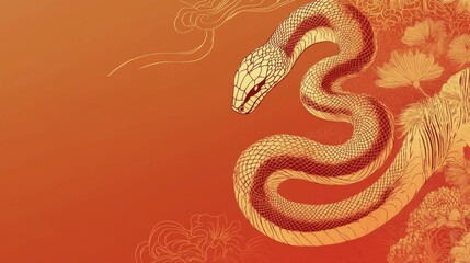 Fototapeta premium Chinese New Year 2025 banner, golden snake illustration, traditional red and gold tones, oriental-inspired patterns, Chinese zodiac imagery, auspicious design elements, festive celebration theming,