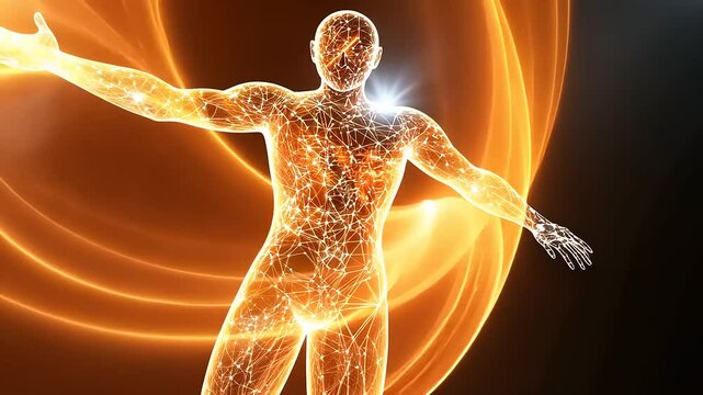 Abstract representation of a glowing human figure made of interconnected lines and nodes, symbolizing energy