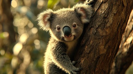 Obraz premium Cute koala cub clinging tree, Australian forest