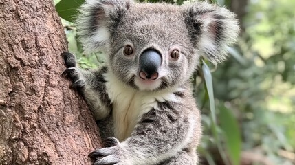 Fototapeta premium Cute koala clinging tree, Aussie bush backdrop