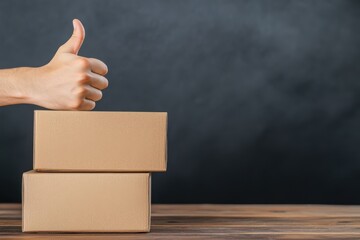 Buyer Giving Thumbs Up Gesture Next to Neatly Stacked Boxes on Wooden Table Background