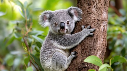 Fototapeta premium Cute koala joey clings tree, rainforest background, wildlife poster