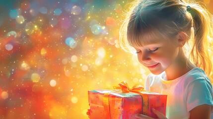 A young girl opening a brightly wrapped present, her face glowing with anticipation and joy
