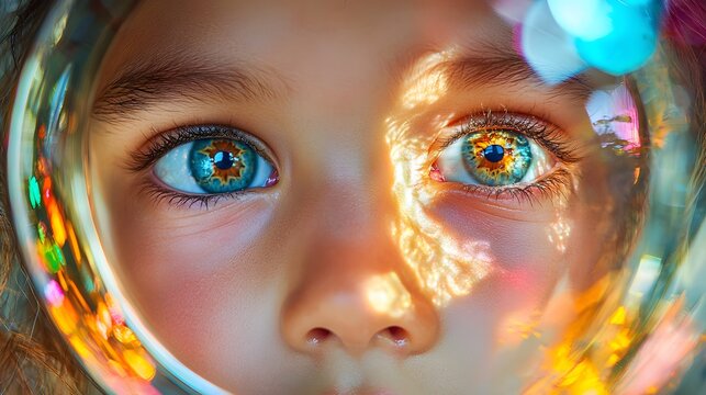 A child looking through a kaleidoscope, their eyes wide with amazement at the colorful patterns