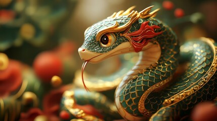 Fototapeta premium Chinese New Year 2025 banner, golden snake illustration, traditional red and gold tones, oriental-inspired patterns, Chinese zodiac imagery, auspicious design elements, festive celebration theming,