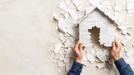 A person is removing a paper cutout of a house from a textured wall, revealing a layered background.