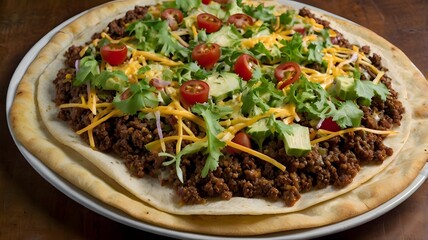 A taco pizza topped with seasoned ground beef, cheese, lettuce, and salsad 
