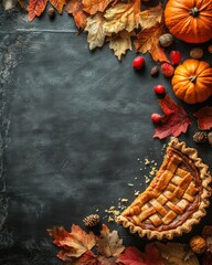 Autumn Harvest Scene Featuring Pumpkin Pie Surrounded by Colorful Fall Leaves, Small Pumpkins, Nuts, and Berries on a Dark Background Ideal for Seasonal Celebrations and Festive Themes