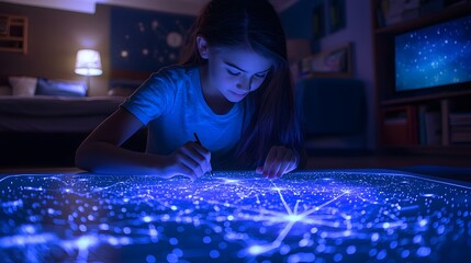 A girl tracing constellations in a glowing star map, her room dark except for the light of the map