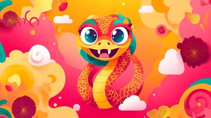 Naklejka premium Chinese New Year 2025 banner, golden snake illustration, traditional red and gold tones, oriental-inspired patterns, Chinese zodiac imagery, auspicious design elements, festive celebration theming,