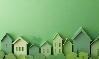 Assorted green paper houses on a green background symbolizing eco-friendly urban development, sustainable living, and community housing concepts, Generative AI