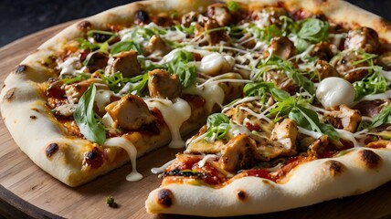 An Italian-inspired pizza with teriyaki chicken, mozzarella, and wasabi drizzle. 