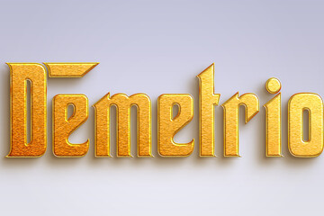 Gold text effect of Spanish name Demetrio on light-blue background.	