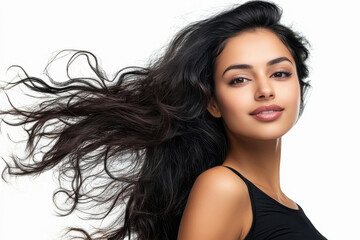 Naklejka premium young indian woman standing with flowing hair on white background