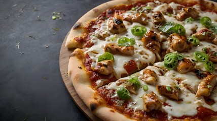 An Italian-inspired pizza with teriyaki chicken, mozzarella, and wasabi drizzle. 