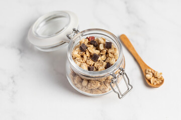 Granola with chocolate and nuts, breakfast
